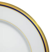 Vincennes fine white china with gold reiefs and blue inset by J. Seignolles