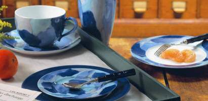 colorful dinnerware, cocktail in blue by J. Seignolles