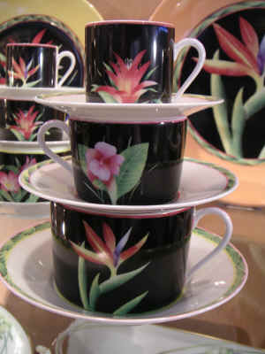 Limoges porcelain tropical flower cups and saucers by J. Seignolles