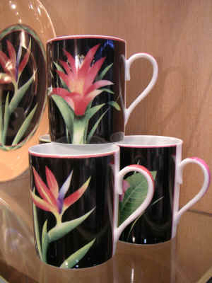 Limoges porcelain tropical flower mugs by J. Seignolles